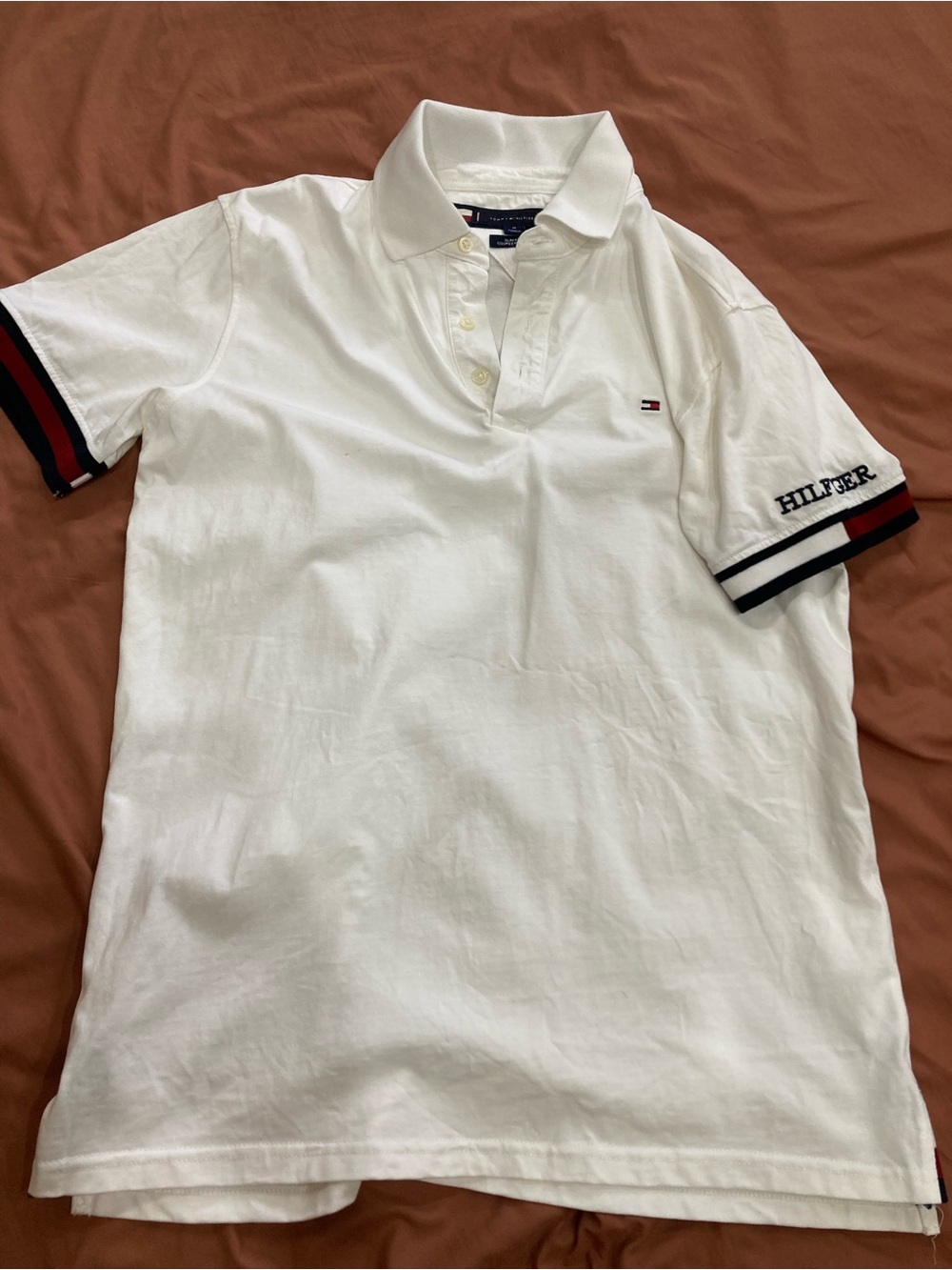 Tommy Hilfiger White Polo with Navy & Red Sleeve Stripes